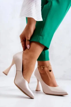 Damskie Boto Modne Skórzane Czółenka Lewski Shoes 3181 Beżowe