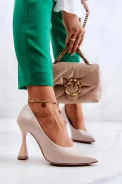 Damskie Boto Modne Skórzane Czółenka Lewski Shoes 3181 Beżowe