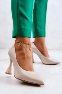 Damskie Boto Modne Skórzane Czółenka Lewski Shoes 3181 Beżowe