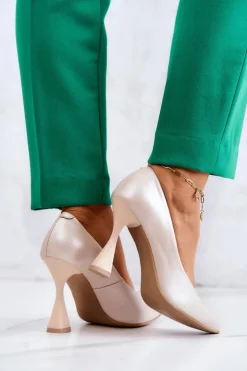 Damskie Boto Modne Skórzane Czółenka Lewski Shoes 3181 Beżowe