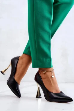 Boto Modne Skórzane Czółenka Lewski Shoes 3083 Czarno-Złote