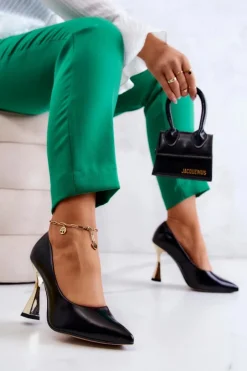 Boto Modne Skórzane Czółenka Lewski Shoes 3083 Czarno-Złote