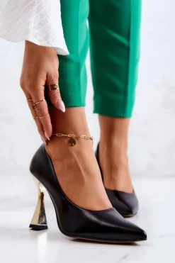 Boto Modne Skórzane Czółenka Lewski Shoes 3083 Czarno-Złote