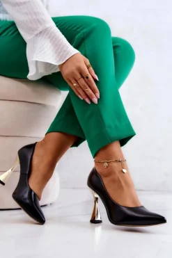 Boto Modne Skórzane Czółenka Lewski Shoes 3083 Czarno-Złote