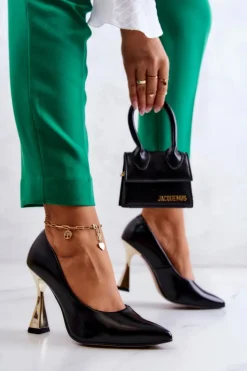 Boto Modne Skórzane Czółenka Lewski Shoes 3083 Czarno-Złote