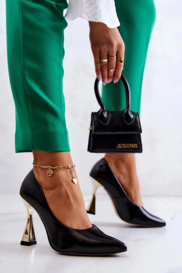 Boto Modne Skórzane Czółenka Lewski Shoes 3083 Czarno-Złote