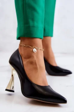 Boto Modne Skórzane Czółenka Lewski Shoes 3083 Czarno-Złote