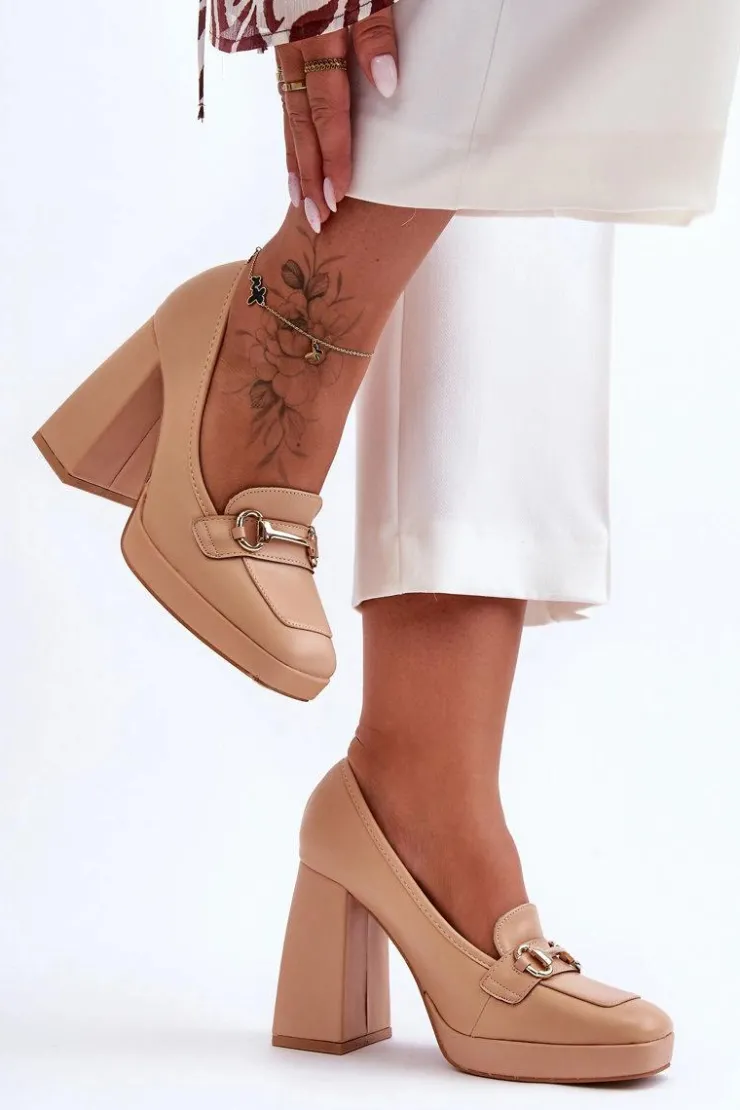 Hot Boto Modne Skórzane Czółenka Nude Rouse Beżowy