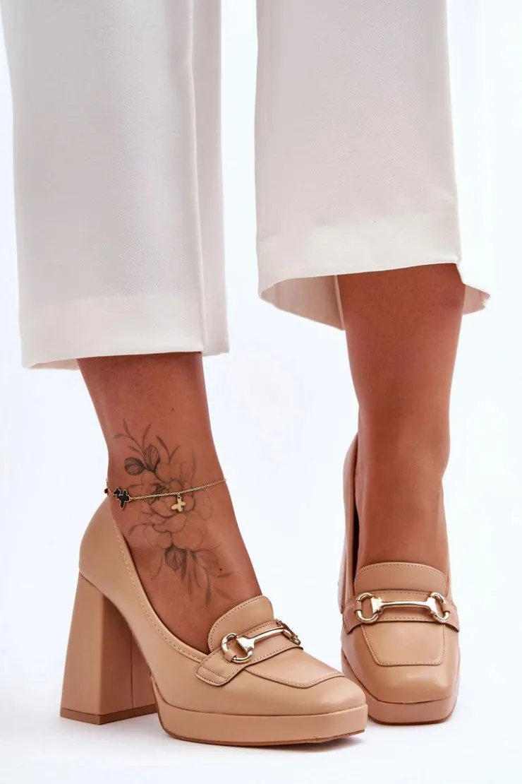 Hot Boto Modne Skórzane Czółenka Nude Rouse Beżowy