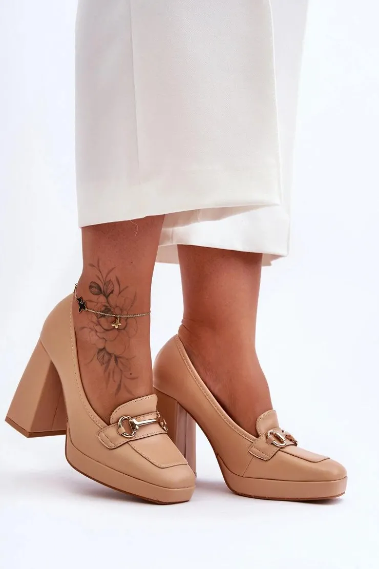 Hot Boto Modne Skórzane Czółenka Nude Rouse Beżowy