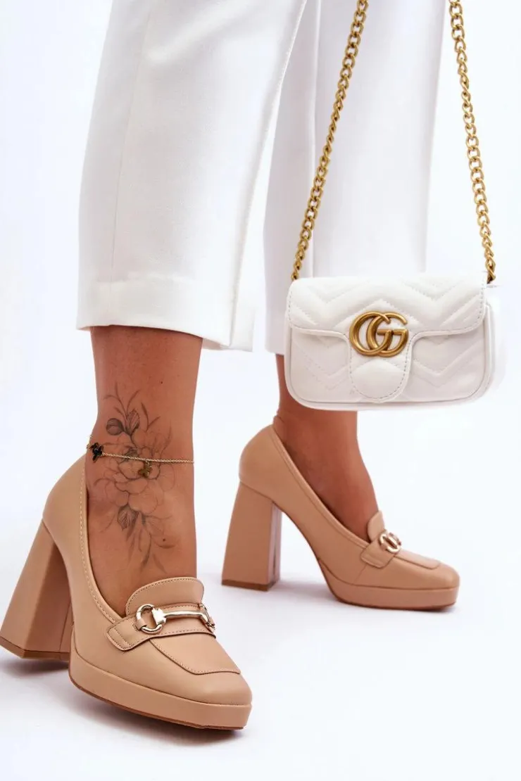 Hot Boto Modne Skórzane Czółenka Nude Rouse Beżowy