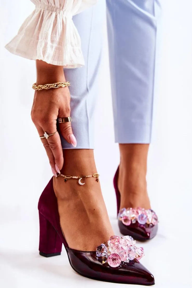 Boto Czółenka Klasyczne*Modne Skórzane Czółenka Z Ozdobami Bordowe Louna