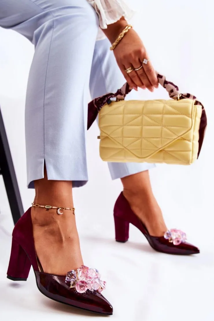 Boto Czółenka Klasyczne*Modne Skórzane Czółenka Z Ozdobami Bordowe Louna