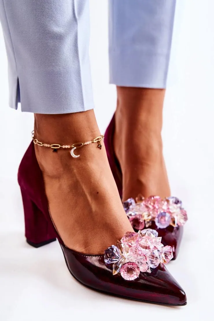 Boto Czółenka Klasyczne*Modne Skórzane Czółenka Z Ozdobami Bordowe Louna