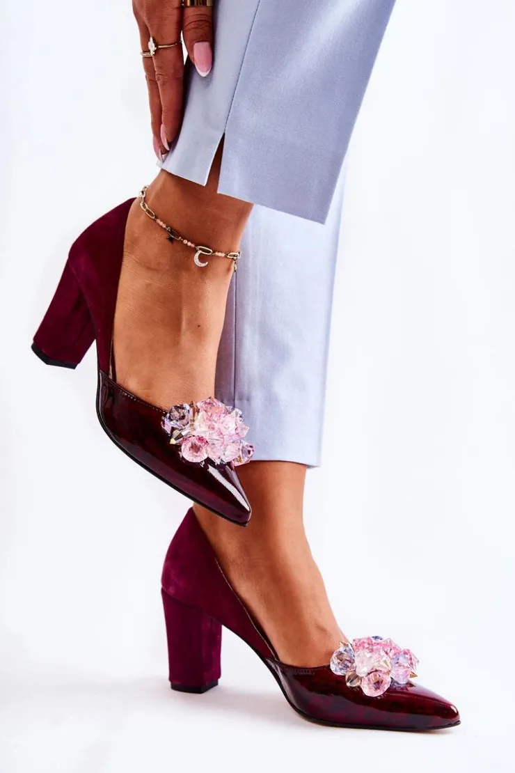 Boto Czółenka Klasyczne*Modne Skórzane Czółenka Z Ozdobami Bordowe Louna