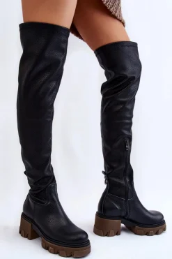 Hot Boto Modne Skórzane Damskie Kozaki Za Kolano Czarne Lemar Venise