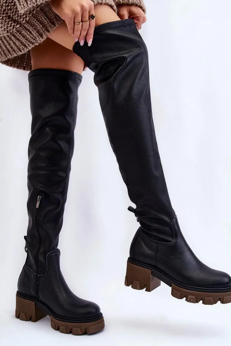 Hot Boto Modne Skórzane Damskie Kozaki Za Kolano Czarne Lemar Venise