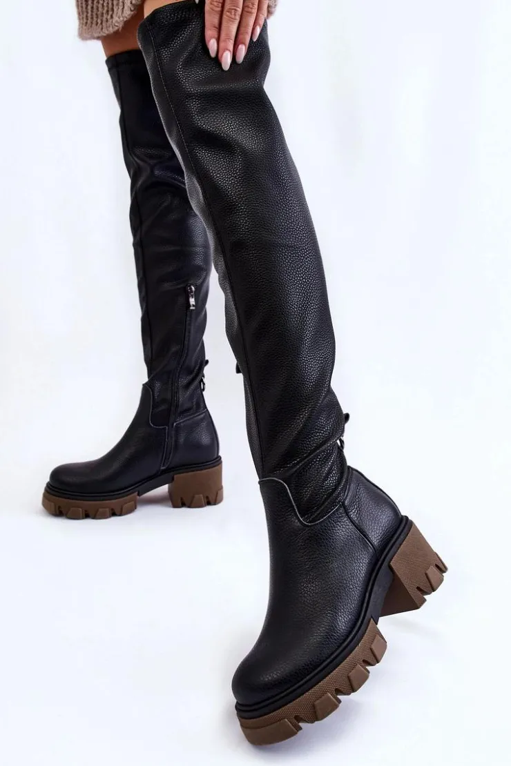 Hot Boto Modne Skórzane Damskie Kozaki Za Kolano Czarne Lemar Venise