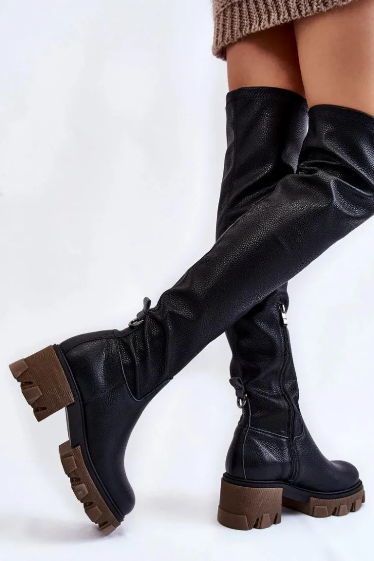 Hot Boto Modne Skórzane Damskie Kozaki Za Kolano Czarne Lemar Venise