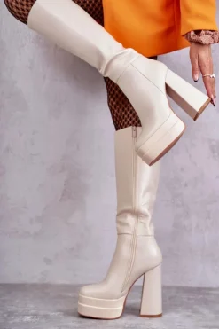 Damskie Boto Modne Skórzane Kozaki Na Masywnym Obcasie Beżowe Meggie