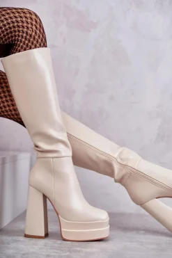 Damskie Boto Modne Skórzane Kozaki Na Masywnym Obcasie Beżowe Meggie