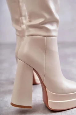 Damskie Boto Modne Skórzane Kozaki Na Masywnym Obcasie Beżowe Meggie