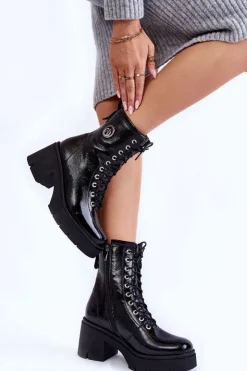 Damskie Boto Modne Skórzane Ocieplane Botki Na Obcasie Czarne Illusion