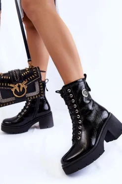 Damskie Boto Modne Skórzane Ocieplane Botki Na Obcasie Czarne Illusion