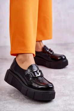 Damskie Boto Modne Skórzane Półbuty Na Platformie Czarne Marsol