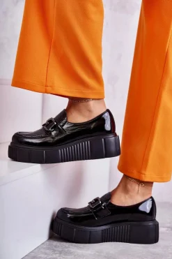 Damskie Boto Modne Skórzane Półbuty Na Platformie Czarne Marsol