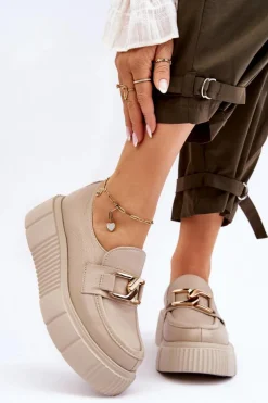 Damskie Boto Modne Skórzane Półbuty Na Platformie Beżowe Lemar Marsol