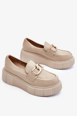 Damskie Boto Modne Skórzane Półbuty Na Platformie Beżowe Lemar Marsol