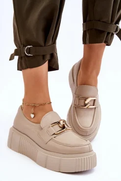 Damskie Boto Modne Skórzane Półbuty Na Platformie Beżowe Lemar Marsol