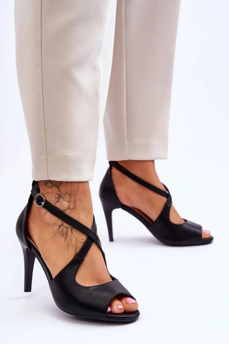 Online Buty Sergio Leone Modne Skórzane Sandałki Na Szpilce Sergio Leone SK429 Czarne