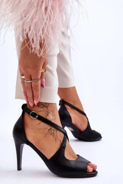 Online Buty Sergio Leone Modne Skórzane Sandałki Na Szpilce Sergio Leone SK429 Czarne