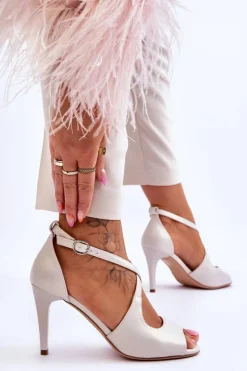 Sale Buty Sergio Leone Modne Skórzane Sandałki Na Szpilce Sergio Leone SK429 Perłowe Jasnobeżowe