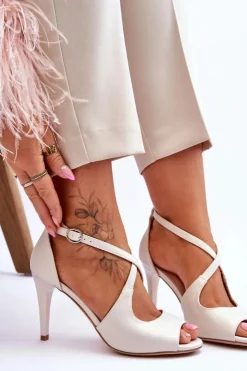 Sale Buty Sergio Leone Modne Skórzane Sandałki Na Szpilce Sergio Leone SK429 Perłowe Jasnobeżowe