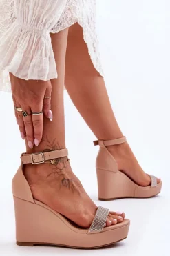 Damskie Boto Modne Skórzane Sandały Na Koturnie Nude Arwen