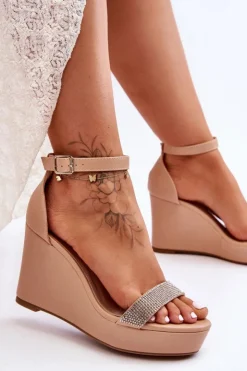 Damskie Boto Modne Skórzane Sandały Na Koturnie Nude Arwen