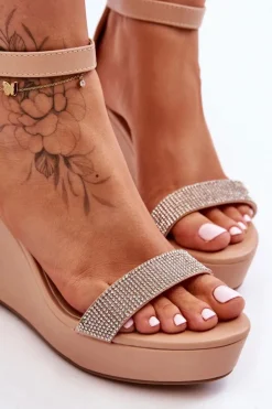 Damskie Boto Modne Skórzane Sandały Na Koturnie Nude Arwen