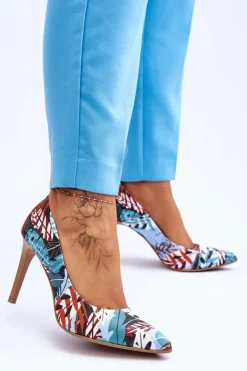 Boto Czółenka Klasyczne*Modne Skórzane Szpilki Lewski Shoes 2659 Zielono-Niebieskie