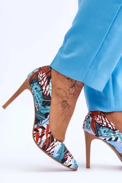 Boto Czółenka Klasyczne*Modne Skórzane Szpilki Lewski Shoes 2659 Zielono-Niebieskie