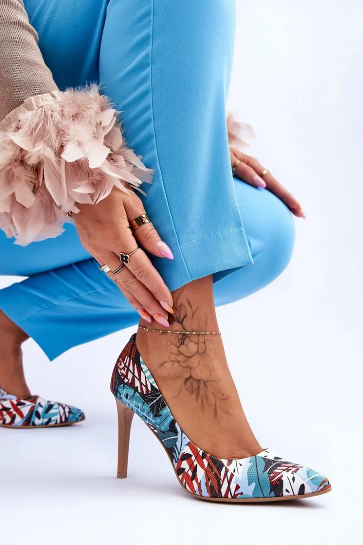 Boto Czółenka Klasyczne*Modne Skórzane Szpilki Lewski Shoes 2659 Zielono-Niebieskie