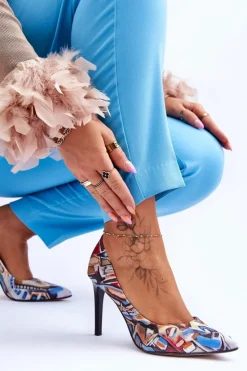 Damskie Boto Modne Skórzane Szpilki Lewski Shoes 2659 Czarno-Niebieskie