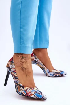 Damskie Boto Modne Skórzane Szpilki Lewski Shoes 2659 Czarno-Niebieskie