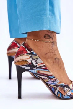 Damskie Boto Modne Skórzane Szpilki Lewski Shoes 2659 Czarno-Niebieskie