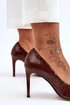 Damskie Boto Modne Skórzane Szpilki Lewski Shoes 2659 Brązowe