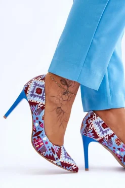 Boto Czółenka Klasyczne*Modne Skórzane Szpilki Lewski Shoes 2659 Niebiesko-Czerwone Wielokolorowy