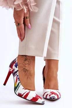 Discount Boto Modne Skórzane Szpilki Lewski Shoes 2659 Biało-Czerwone