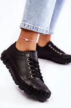 Damskie Big Star Shoes Modne Skórzane Trampki Big Star KK274143 Czarne